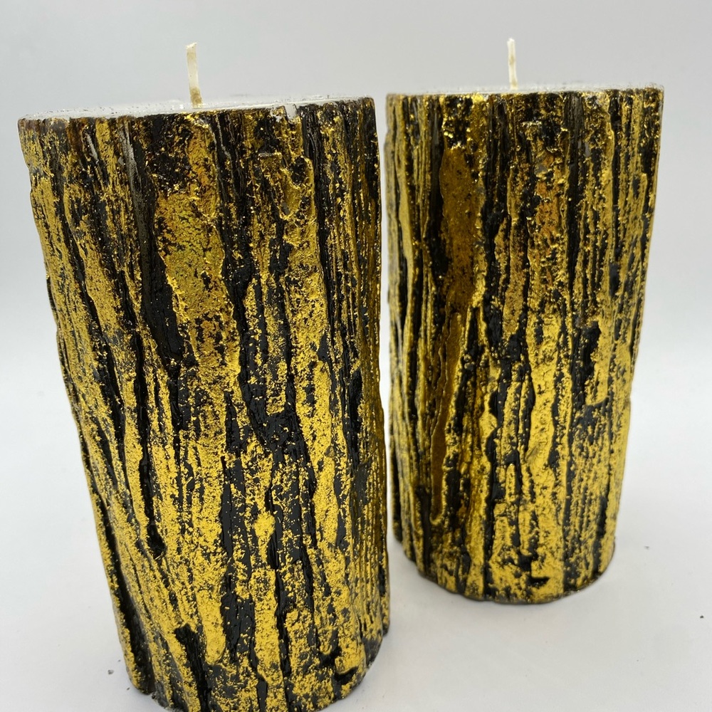 WAX LOG TREE BARK RUSTIC PILLAR CANDLES GOLD/BLACK SET OF 2 CABIN COTT